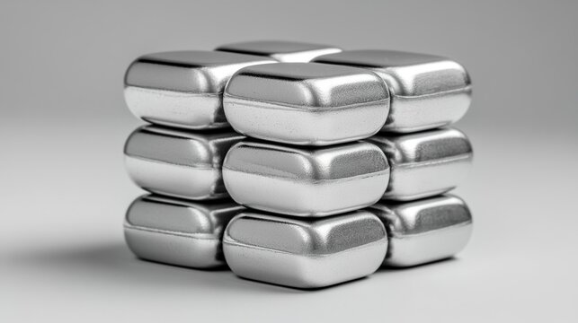 ferromagnetic. A solid cube formed by powerful silver-gray magnets on a plain background. STEM education sheets, lab safety posters, designed for biotech research communications.