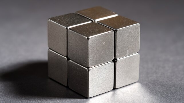 ferromagnetic. A solid cube formed by powerful silver-gray magnets on a plain background. STEM education sheets, lab safety posters, designed for biotech research communications.