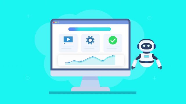 Flat vector animation of a media dashboard with video icon, analytics chart, settings, and a friendly robot assistant, representing automation and digital content management.
