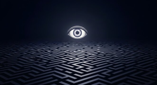 A solitary glowing eye observes a dark, intricate labyrinth, symbolizing constant vigilance, the pursuit of truth through complexity, and the hidden challenges of modern existence