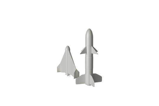 A drone and a missile on a white background. Used for themes of military technology, air defense, target interception