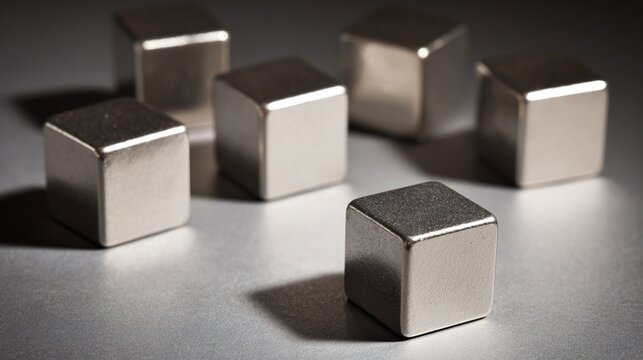ferromagnetic. A solid cube formed by powerful silver-gray magnets on a plain background. STEM education sheets, lab safety posters, designed for biotech research communications.