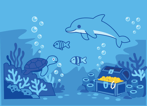 Underwater Ocean Scene with Dolphin Fish Coral Reef Treasure Chest Blue Marine Life Illustration Vector