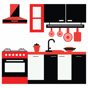 Modern Kitchen Interior Flat Design with Cabinets Stove Sink Cooking Utensils Home Kitchen Vector Illustration