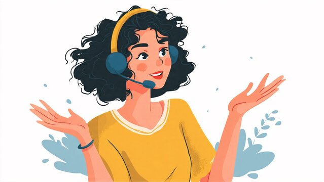 Illustration of a woman wearing a headset, with her hands outstretched, conveying a sense of communication and helpfulness