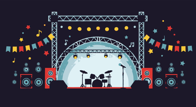 Flat design illustration of a music festival stage with drum kit, speakers, microphone and colorful bunting for concert event background