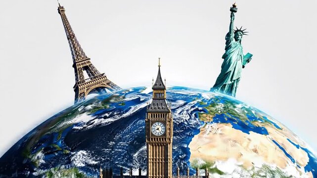 The Eiffel Tower, Big Ben, and Statue of Liberty stand on a globe.