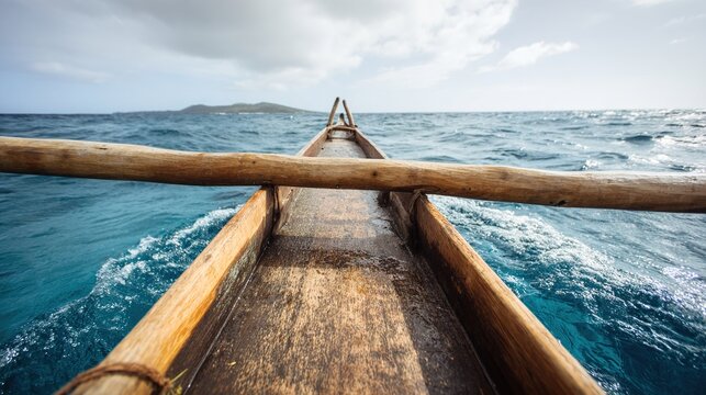 polynesian. A traditional Polynesian canoe with an outrigger float on calm blue ocean water. event programs, museum guides, designed for cultural heritage projects and event programs.
