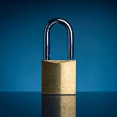 Fototapeta premium Shiny brass padlock with an open shackle, reflective surface