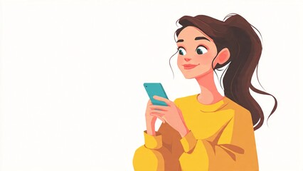 Fototapeta premium Smiling young woman holding a smartphone and looking away with interest