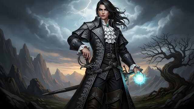 A formidable fantasy hero stands resolute amidst a tempest, wielding both steel and arcane energy under a lightning-streaked sky, embodying strength and mystery on an epic quest