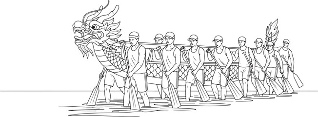 Obraz premium Black and White Line Art Illustration of a Traditional Dragon Boat Race