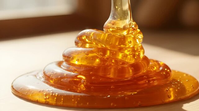 Thick golden viscous honey pouring and stacking into glossy layered coils on wooden surface