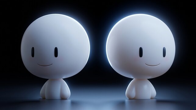 Zwei wei&szlig;e s&uuml;&szlig;e Roboterfiguren mit L&auml;cheln auf dunklem Hintergrund, 3D-Illustration