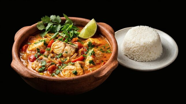 Hearty seafood stew with rice and lime wedge garnish main course delicious