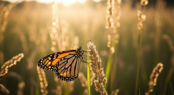 Monarch butterfly resting on golden wheat stalks in warm sunlight nature's beauty