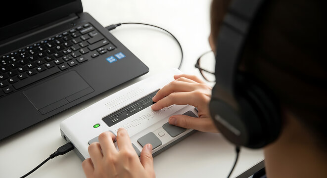 A person wearing headphones uses a braille display connected to a laptop, demonstrating assistive technology for the visually impaired.