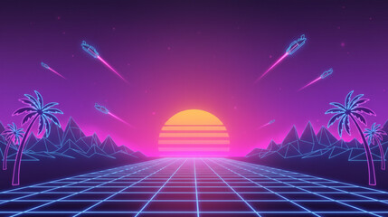 Naklejka premium Retrofuturistic landscape with neon grid and flying vehicles