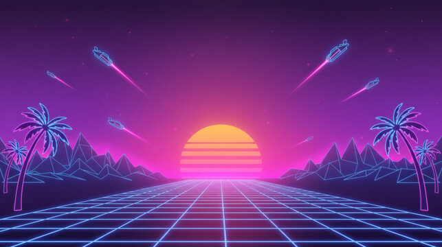 Retrofuturistic landscape with neon grid and flying vehicles