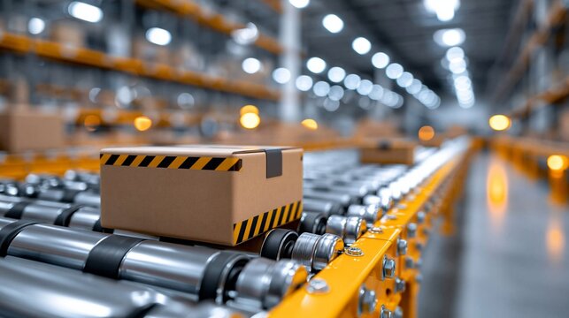 Kartonpaket auf F&ouml;rderband in automatisiertem Logistik-Lager