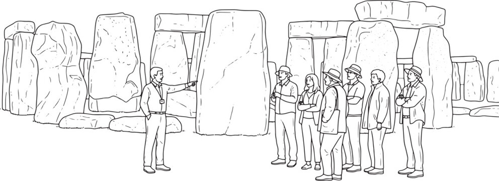 Tour Guide Explaining Stonehenge Ancient Megalithic Site to Group of Tourists Illustration