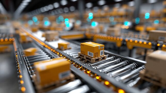 Kartonpaket auf F&ouml;rderband in automatisiertem Logistik-Lager