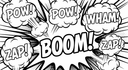 Comic Book Sound Effects Speech Bubbles in Black and White Isolated White Background © Umi