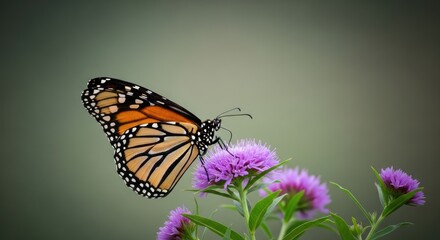 Obraz premium Monarch butterfly resting on vibrant purple clover blossoms in a natural setting