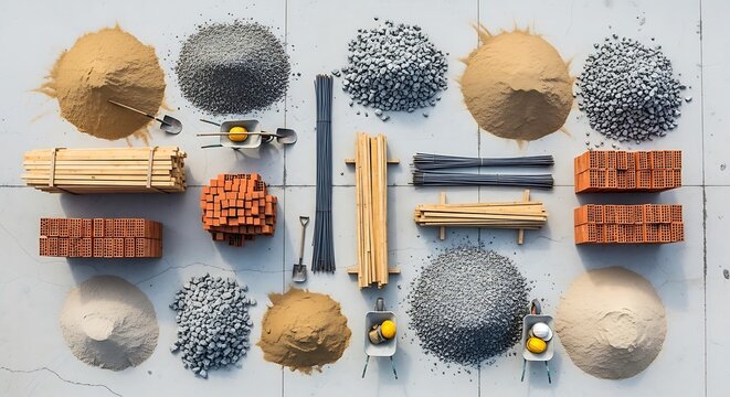 Top View of Various Construction and Building Materials Arranged on Concrete