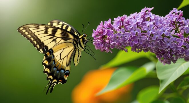 Eastern tiger swallowtail butterfly nectaring on a vibrant purple butterfly bush blossom
