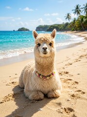 Fototapeta premium Cute fluffy alpaca with floral wreath resting on tropical beach. Wildlife animal portrait during summer vacation. Exotic island scenery with palm tree and blue ocean, travel concept.