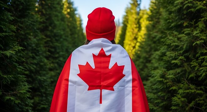 A person draped in a Canadian flag cape standing amidst a lush green forest pathway