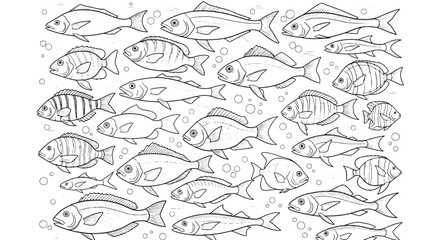 Obraz premium Fish school swimming with various scales and fins, illustrated in black and white line art with bubbles.
