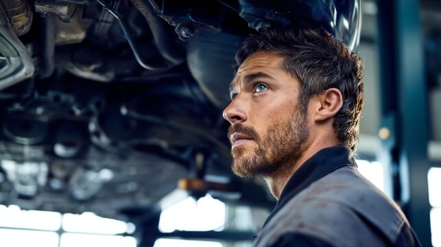 Kfz-Mechaniker arbeitet mit Werkzeug am Unterboden eines Fahrzeugs auf der Hebeb&uuml;hne