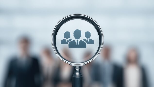 A magnifying glass focuses on a graphic of three business people, symbolizing recruitment or personnel search, with blurred professionals in the background.