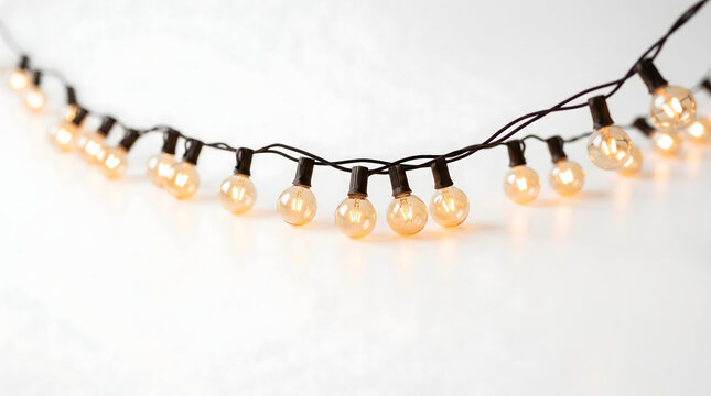 Glowing festive light bulbs string hanging on white background for holiday party decoration.