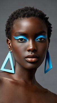 Afroamerikanische Frau mit blauem Eyeliner und dreieckigen Ohrringen &ndash; Fashion-Beauty-Portr&auml;t