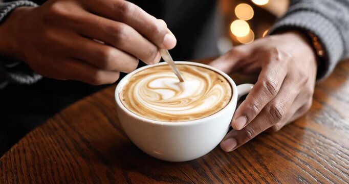 A person stirring a beautifully crafted latte art in a cozy caf? setting with warm lights