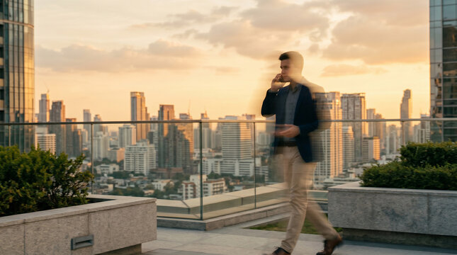 Businessman Walking on Rooftop at Sunset