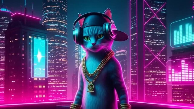 Cool cat DJ in futuristic neon cyberpunk city at night