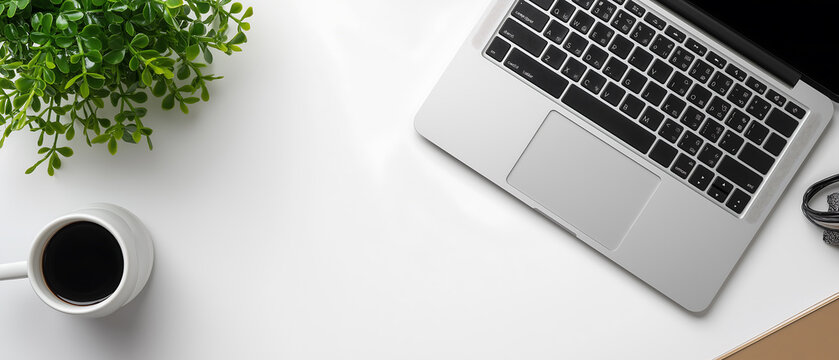 Modern Workspace Flat Lay with Laptop Coffee and Green Plant