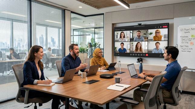 Hybrid Team Meeting in Modern Office