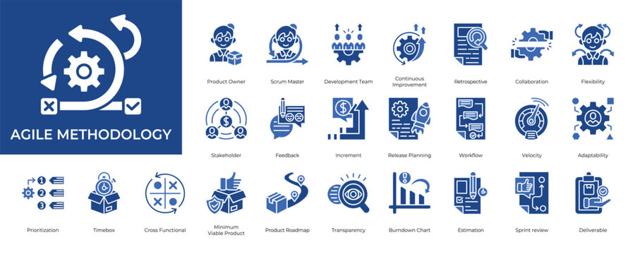 Agile Methodology Icon set Collection in Glyph Two Color Style. scrum, kanban, development, product, backlog, process