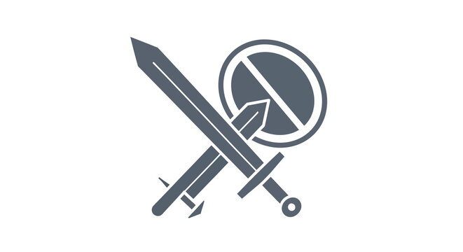 Minimalist sword and shield icon in monochrome vector style