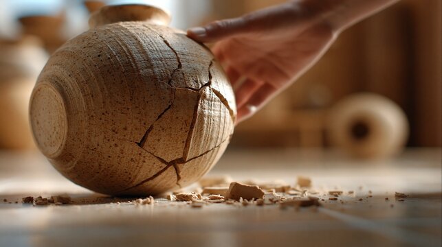 Hand ber&uuml;hrt eine zerbrochene Vase auf dem Boden