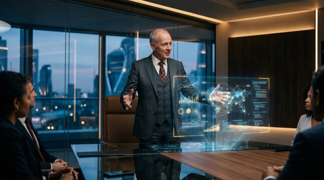 Executive Presenting Futuristic Data In Boardroom