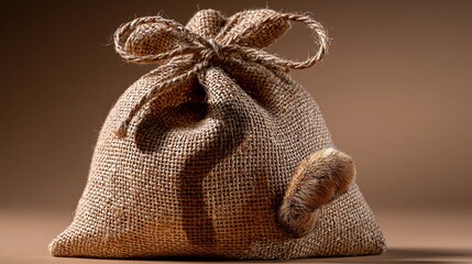 Fototapeta premium Katzenpfote schaut aus Jutesack mit Fragezeichen – Sprichwort Die Katze im Sack kaufen