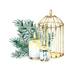 Fototapeta premium Watercolor illustration golden birdcage surrounded by spruce branches and burning candles. Festive winter composition, vintage style Christmas o wedding decor. Hand drawn isolated rustic design