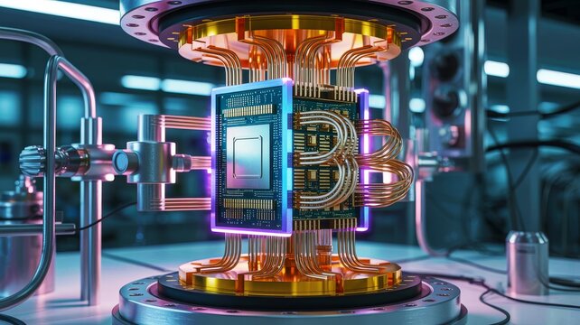 A futuristic quantum computing device with intricate wiring and vibrant lighting, showcasing advanced technology in a laboratory setting.