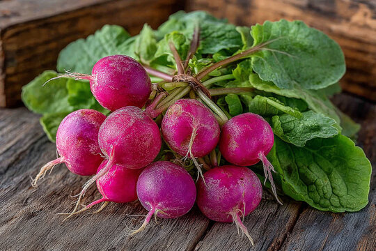 A bunch of vibrant pink radishes on wood.
